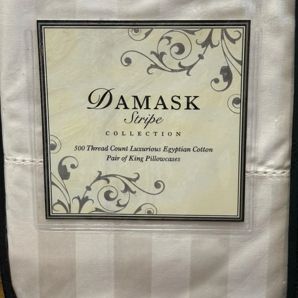 Damask Stripe Collection 500 TC Egyptian Cotton King Pillowcases Ivory Pair NEW